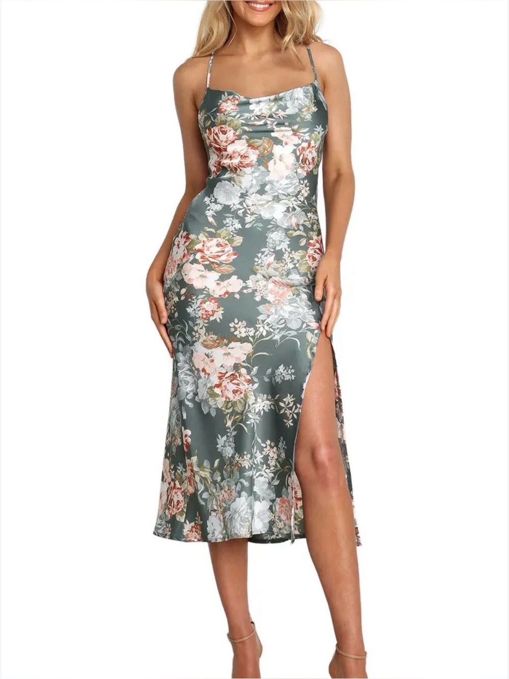Petal & Pup Marea Satin Midi Dress Green Floral Cowl Neck Romantic Fairy 14 NWT